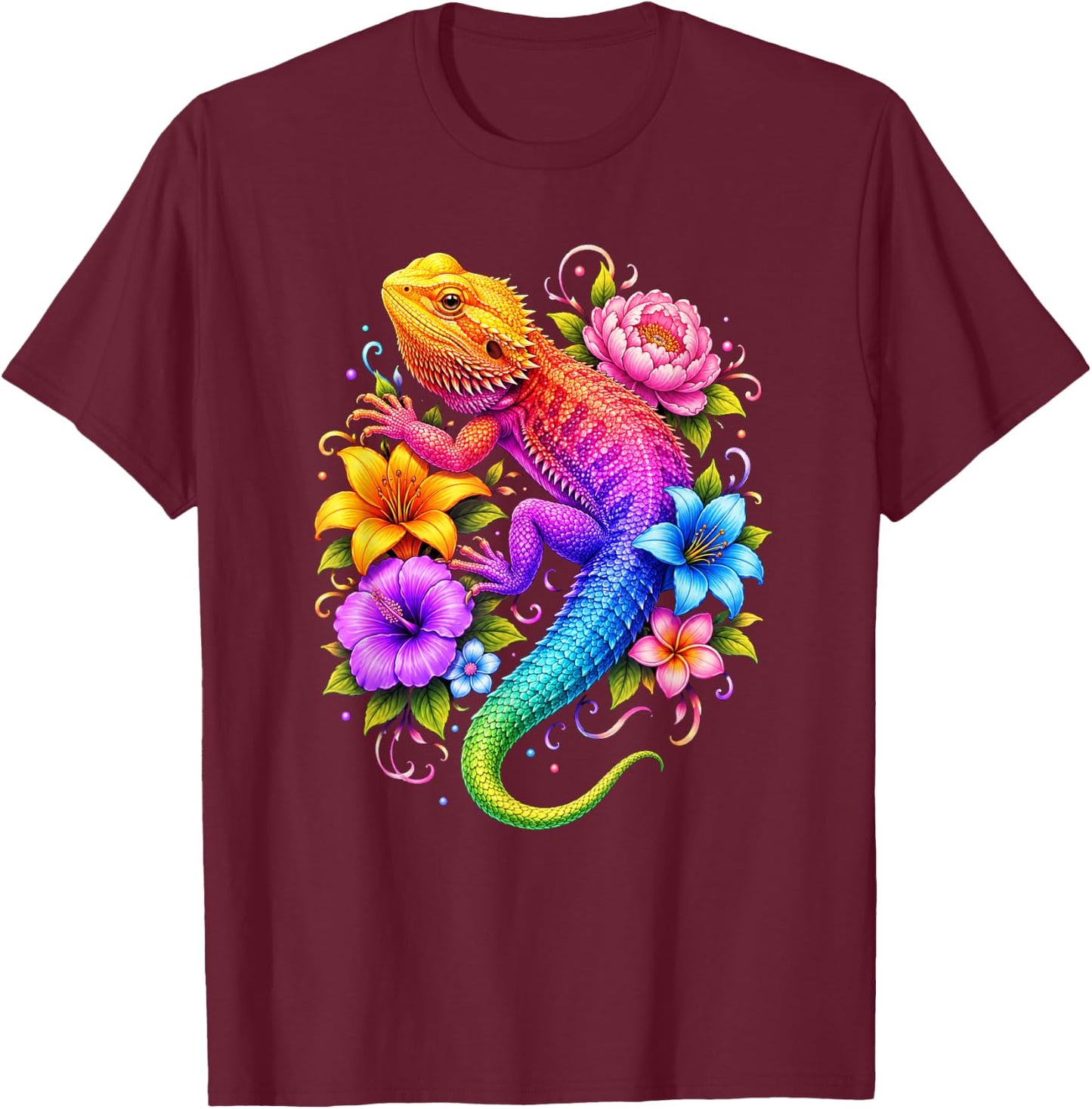 Colorful Floral Bearded Dragon Flowers Rainbow Women Girls T-Shirt - T-Shirt | Maroon