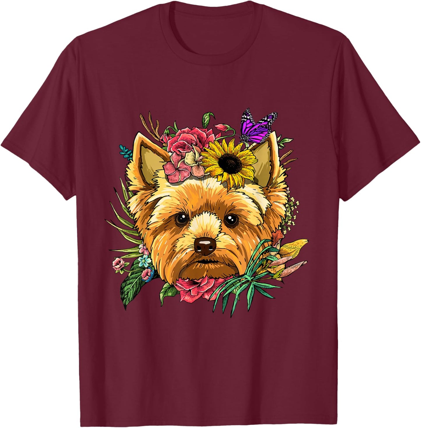Floral Yorkshire Terrier Shirt Yorkie Dog Face Yorkie Lover T-Shirt - T-Shirt | Maroon