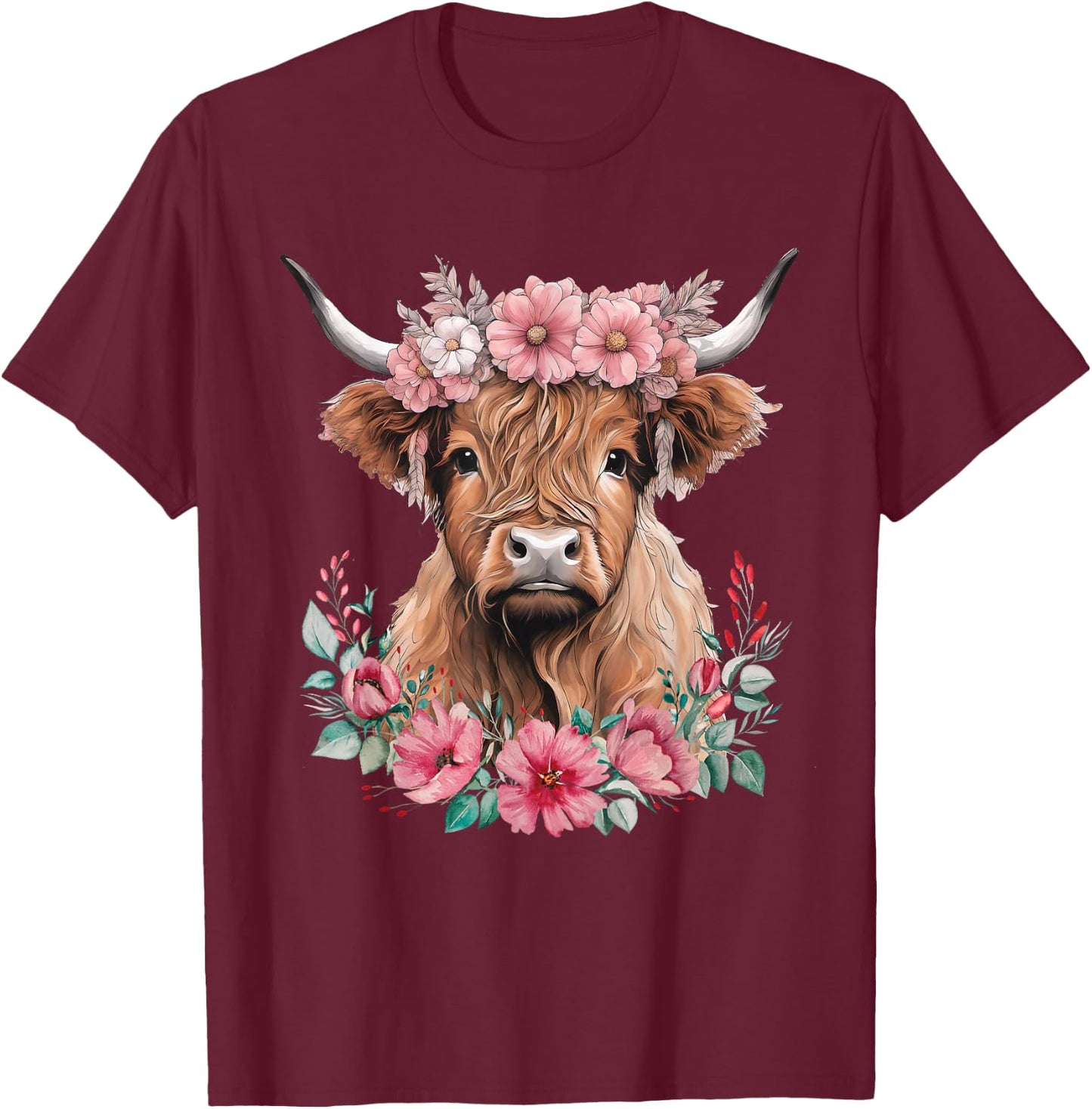 Cute Baby Highland Cow with Flowers Calf Animal Cow Women T-Shirt - T-Shirt | Maroon