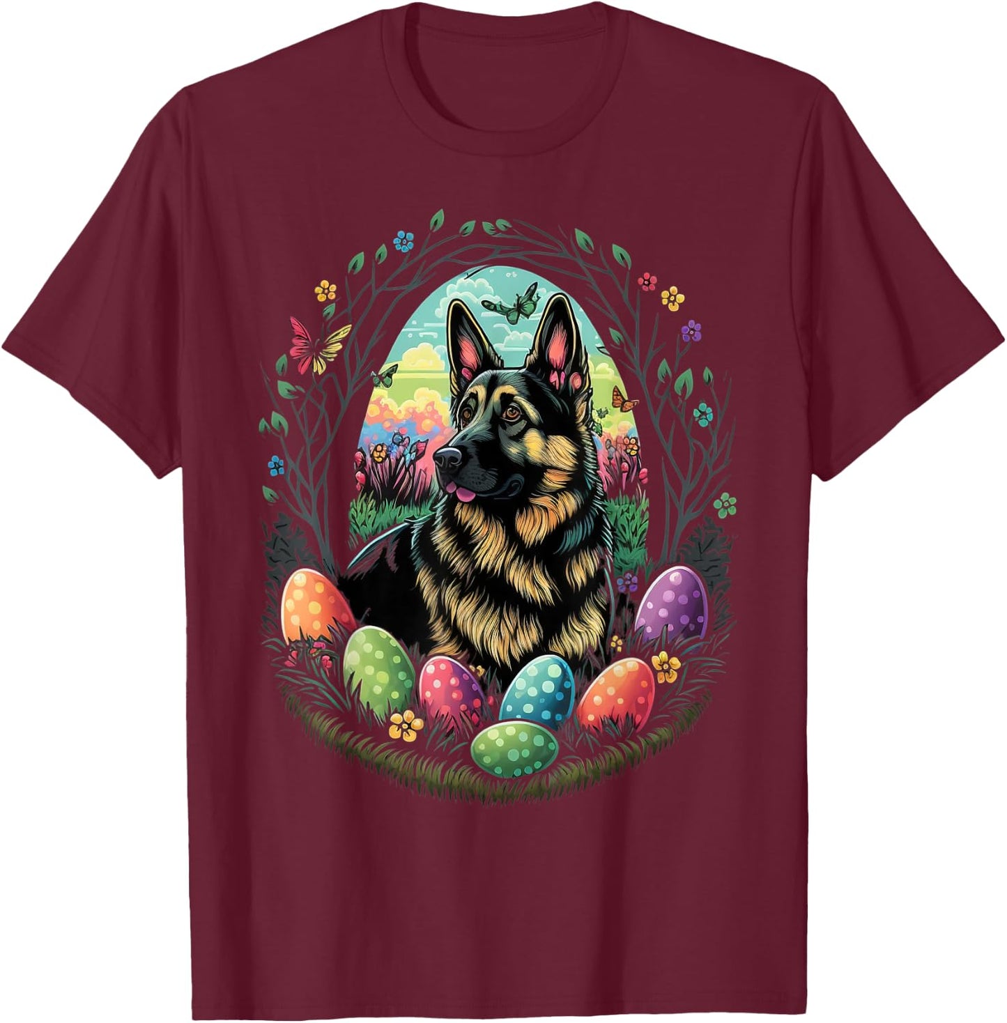 Easter Alsatian Bunny Eggs Dog on Easter German Shepherd T-Shirt - T-Shirt | Maroon