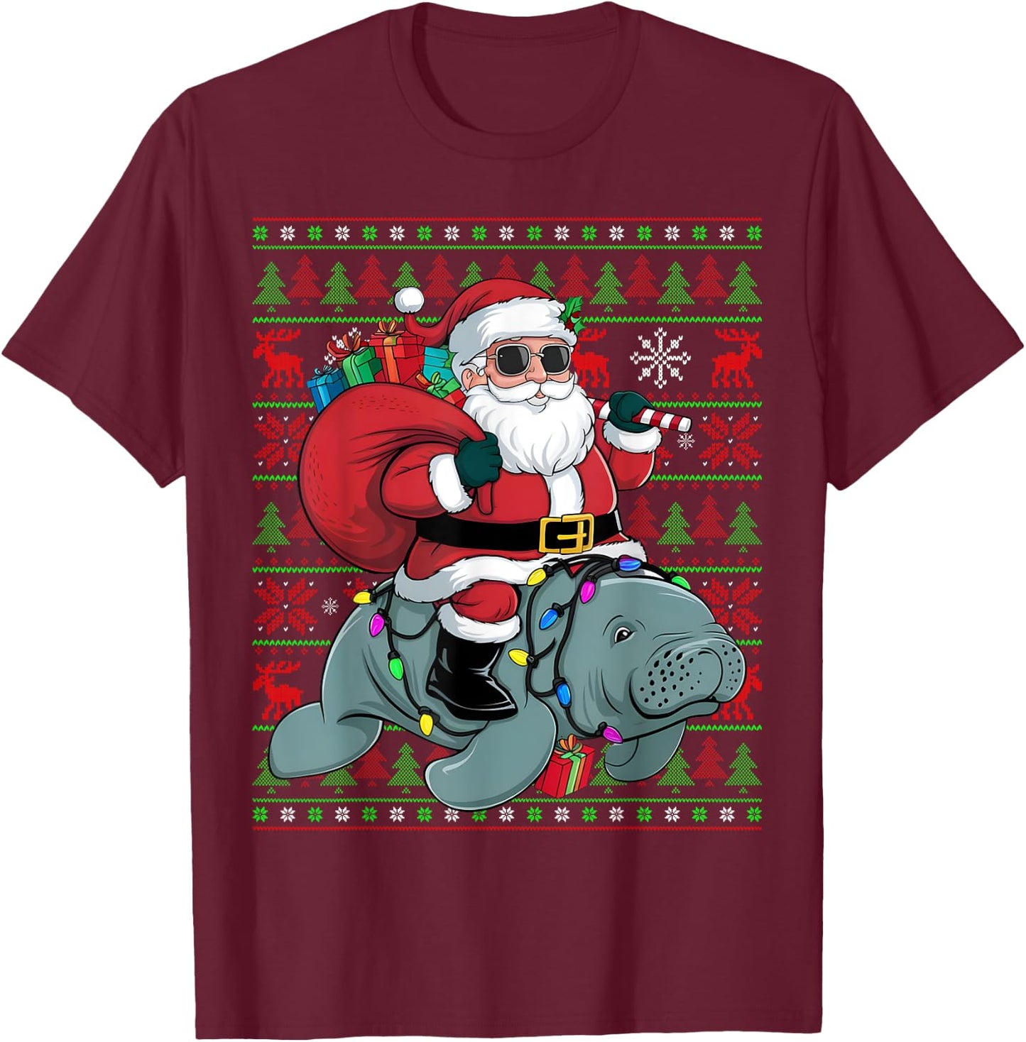 Ugly Xmas Lights Funny Santa Riding Manatee Christmas T-Shirt - T-Shirt | Maroon