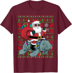 Ugly Xmas Lights Funny Santa Riding Manatee Christmas T-Shirt - T-Shirt | Maroon