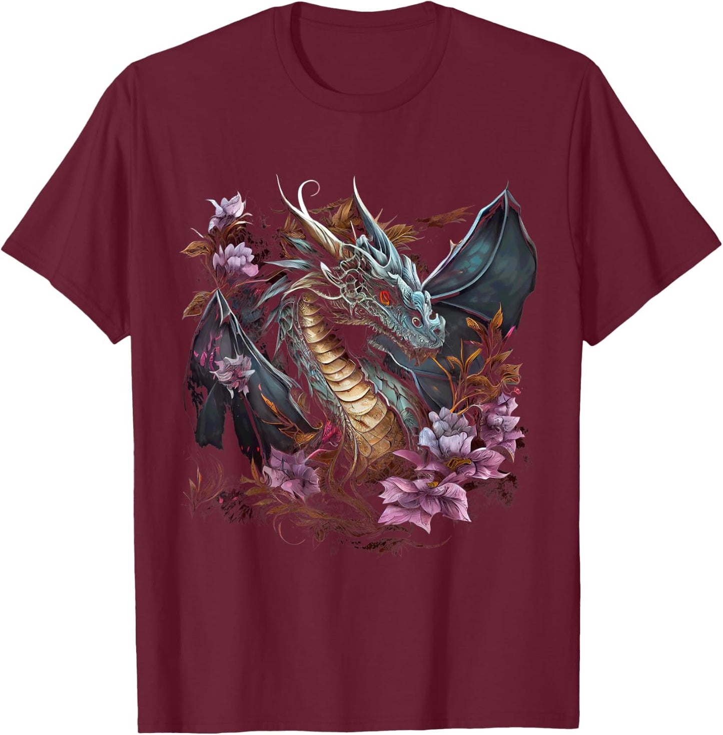 Beautiful Floral Dragon Lover Fantasy Art Cool Illustration T-Shirt - T-Shirt | Maroon
