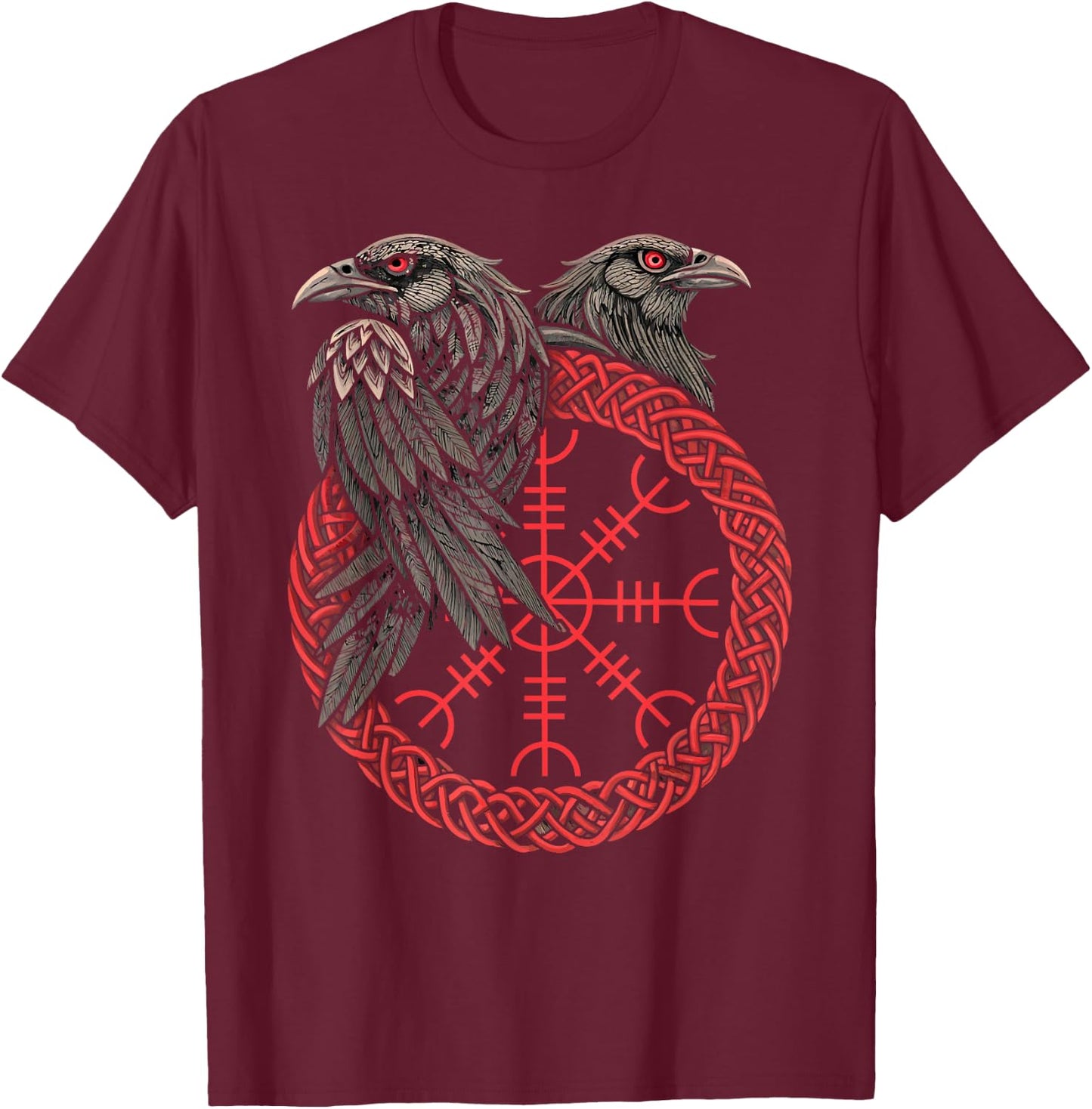 Aegishjalmur - Viking Symbol - Huginn & Muninn Norse Raven T-Shirt - T-Shirt | Maroon