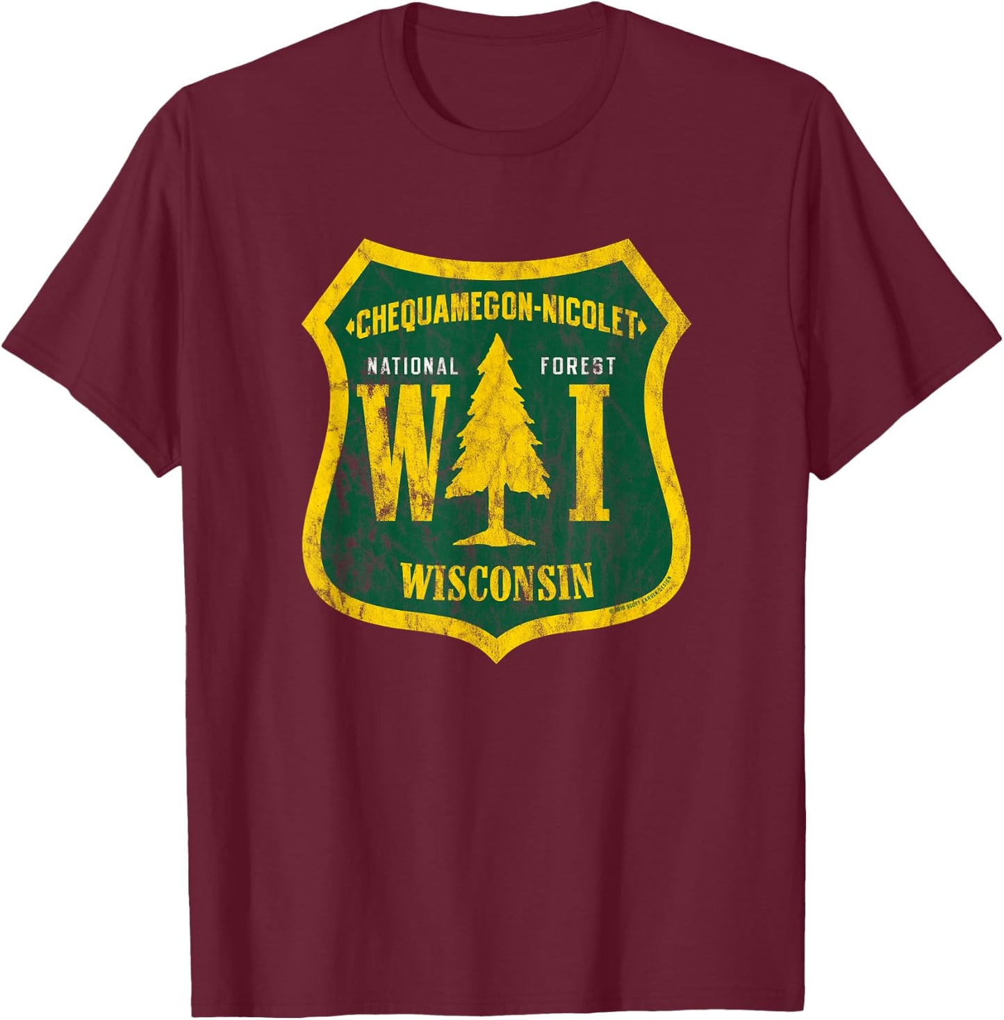 Chequamegon Nicolet National Forest Shield Vintage Look T-Shirt - T-Shirt | Maroon