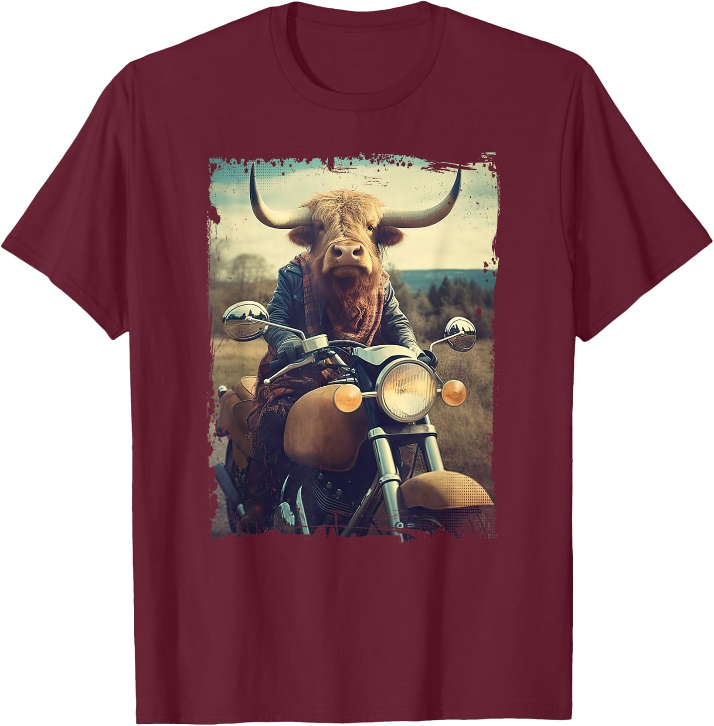 Scottish Highland Cow Cattle Hairy Cow Rides motorcycle men T-Shirt - T-Shirt | Maroon