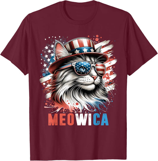 Cat Wearing Sunglasses Meowica USA Flag 4th of July T-Shirt - T-Shirt | Maroon