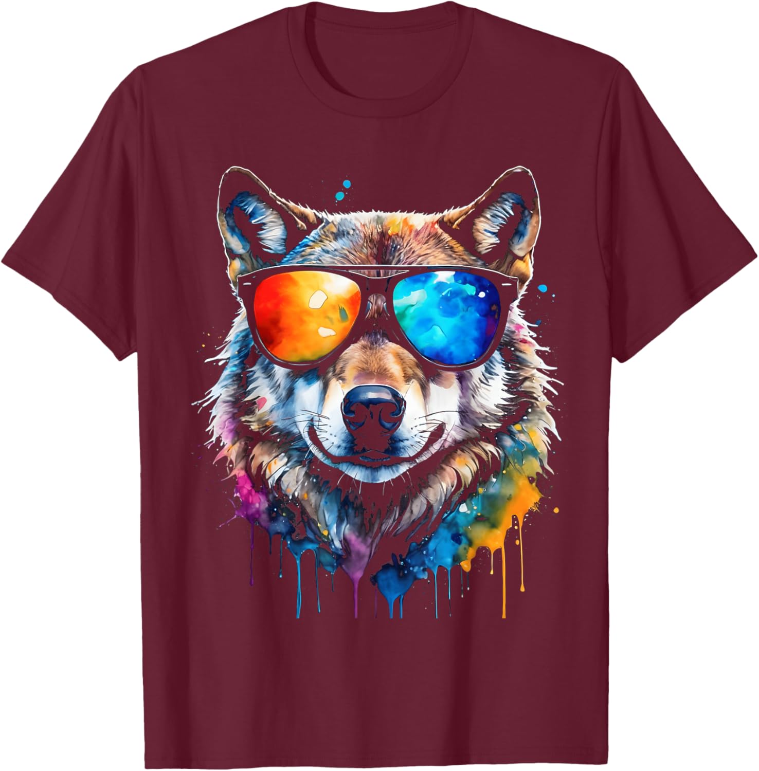 Wolf Sunglasses Colourful Animal Print Design , black T-Shirt - T-Shirt | Maroon