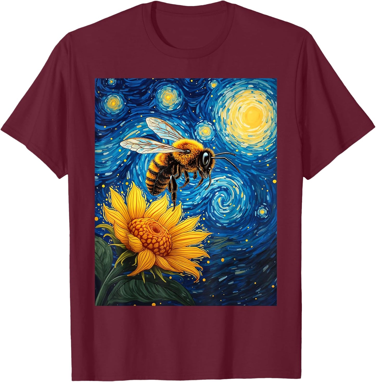 Van Gogh's Starry Night Bee Sunflower Nature Art T-Shirt - T-Shirt | Maroon