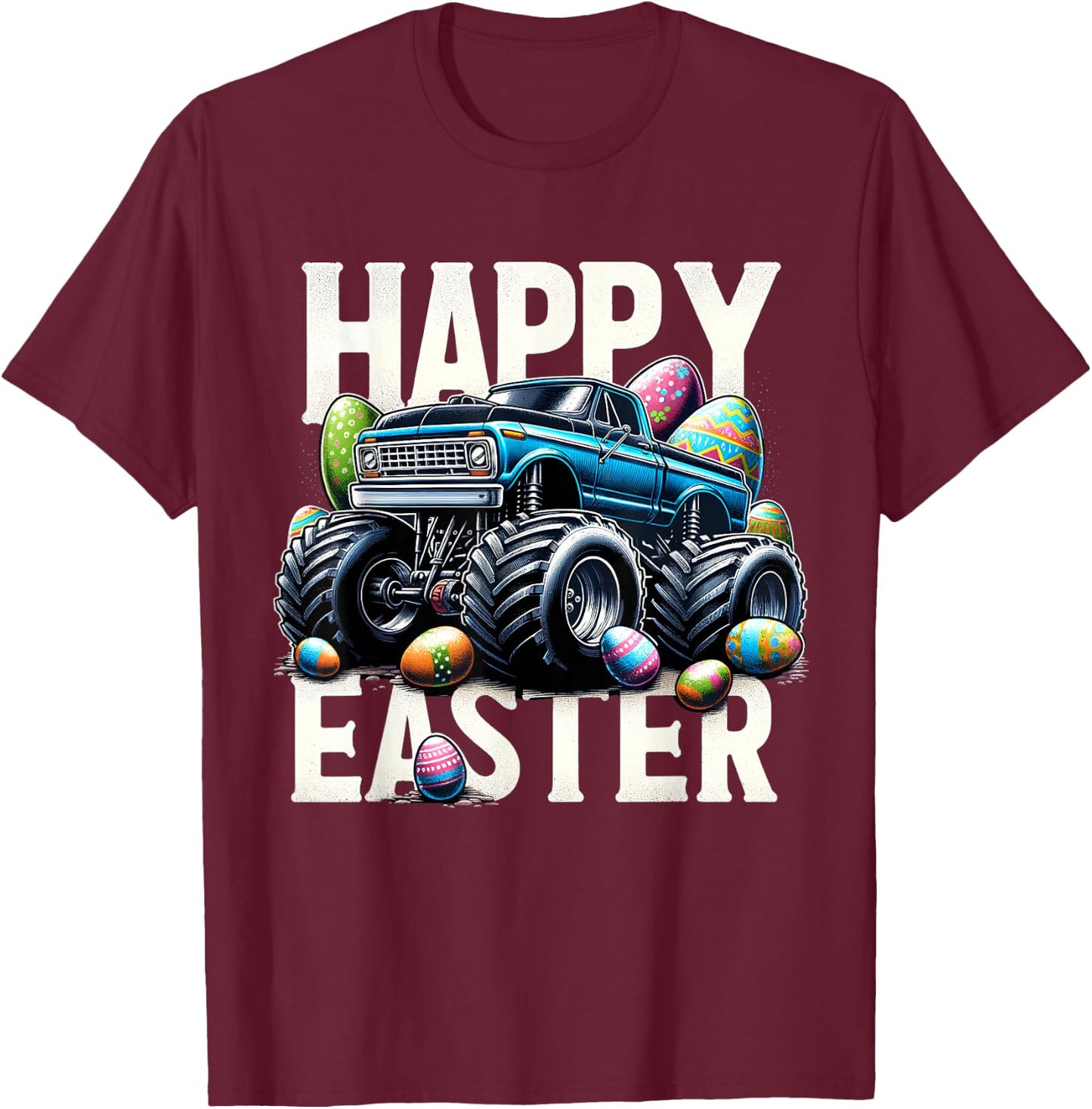 Boys Happy Easter Monster Truck Easter Eggs Hunt Toddler Kid T-Shirt - T-Shirt | Maroon
