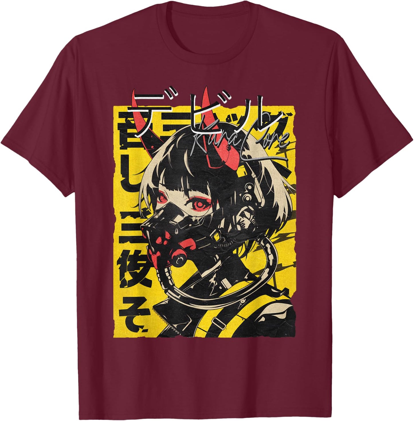 KuraCore Japan Streetwear Cyberpunk Y2K Techwear Retro Manga Anime Schwarz S T-Shirt - T-Shirt | Maroon