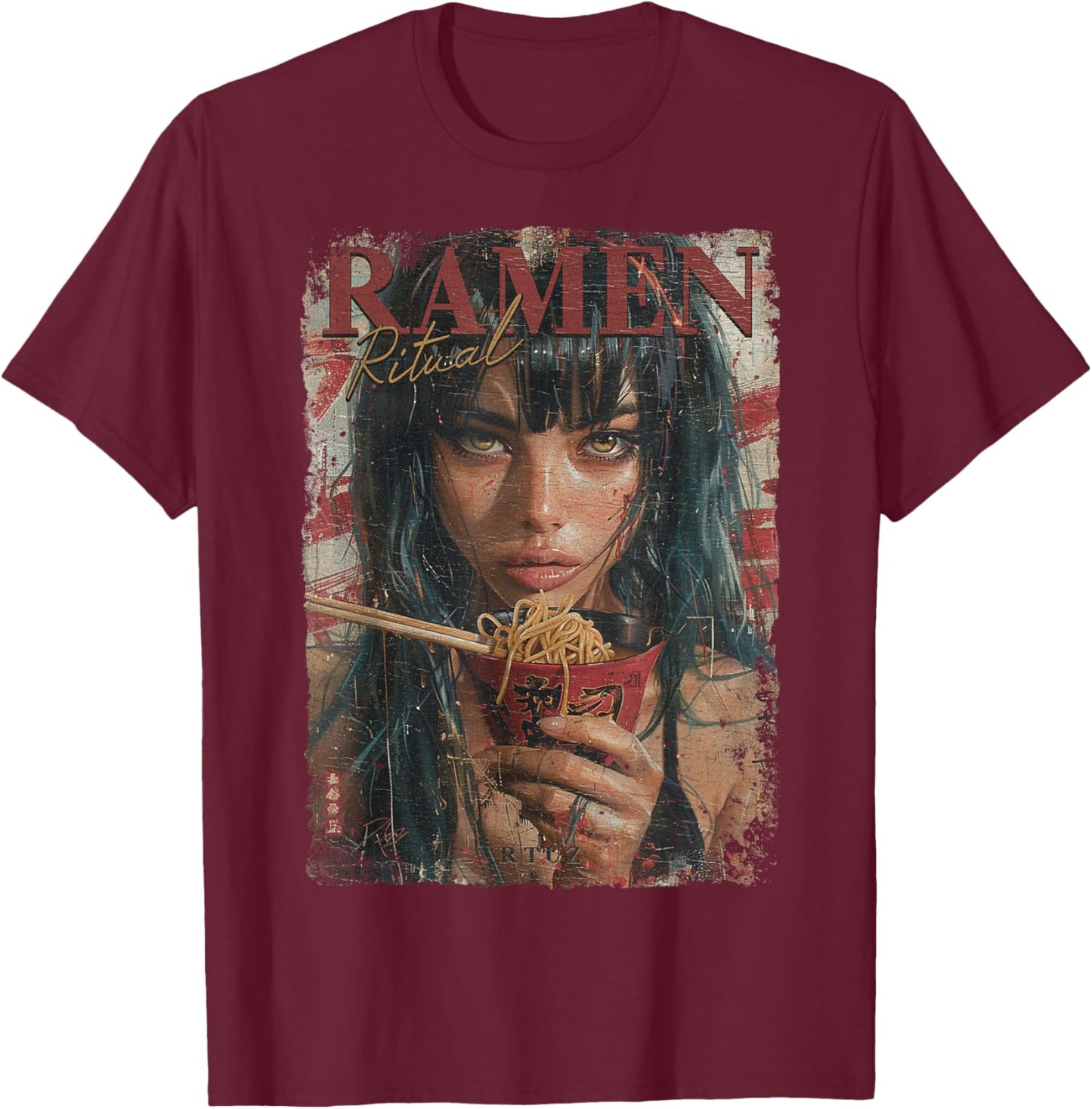 Pin-up Girl Ramen Noodle Anime Manga Asian Ramen , black T-Shirt - T-Shirt | Maroon