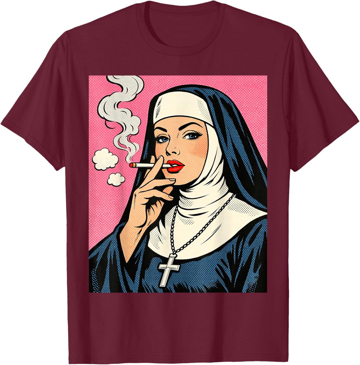 Nun Smoking a Cigarette pop Art T-Shirt - T-Shirt | Maroon