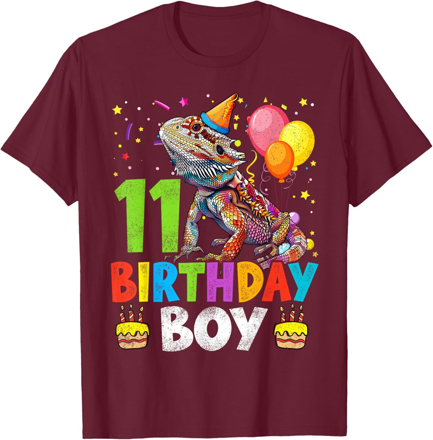 11th Birthday Boy Bearded Dragon 11 Years Old Bday Party T-Shirt - T-Shirt | Maroon