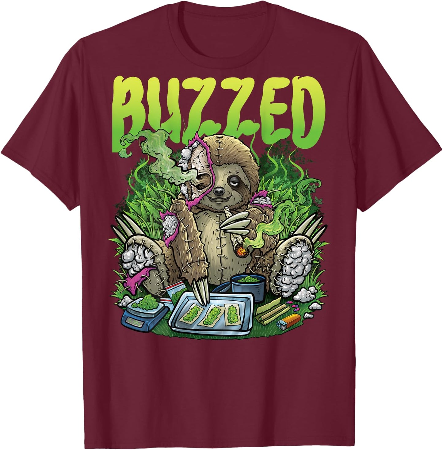 Weed Sloth Smoking Stoner Rave House Techno Outfit BACKPRINT T-Shirt - T-Shirt | Maroon