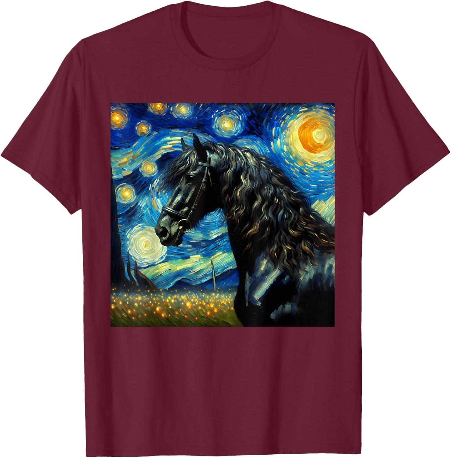 Friesian Horse Starry Night Horse T-Shirt - T-Shirt | Maroon