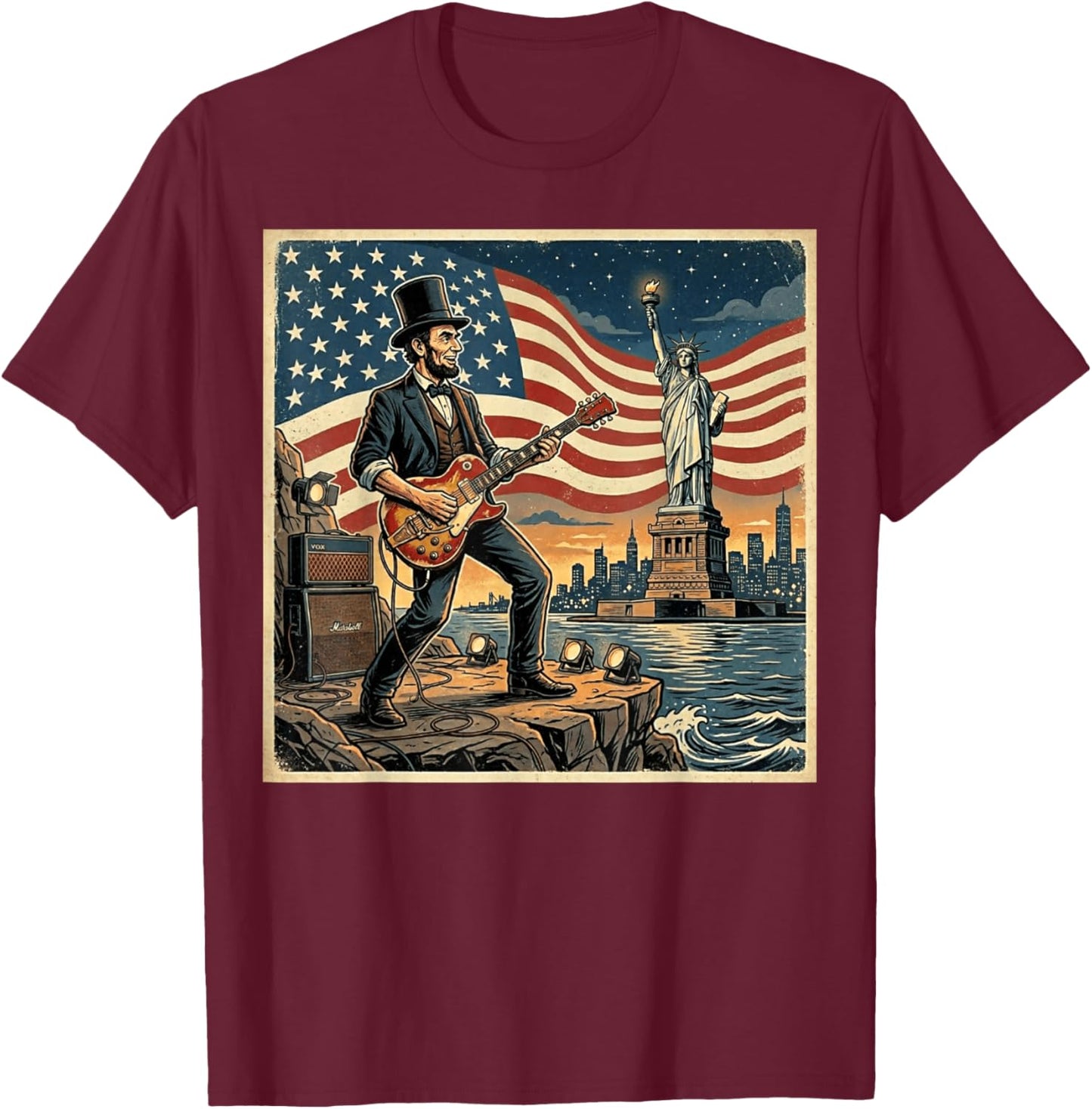 Abraham Lincoln Playing Electric Guitar 4th of July Retro T-Shirt - T-Shirt | Maroon
