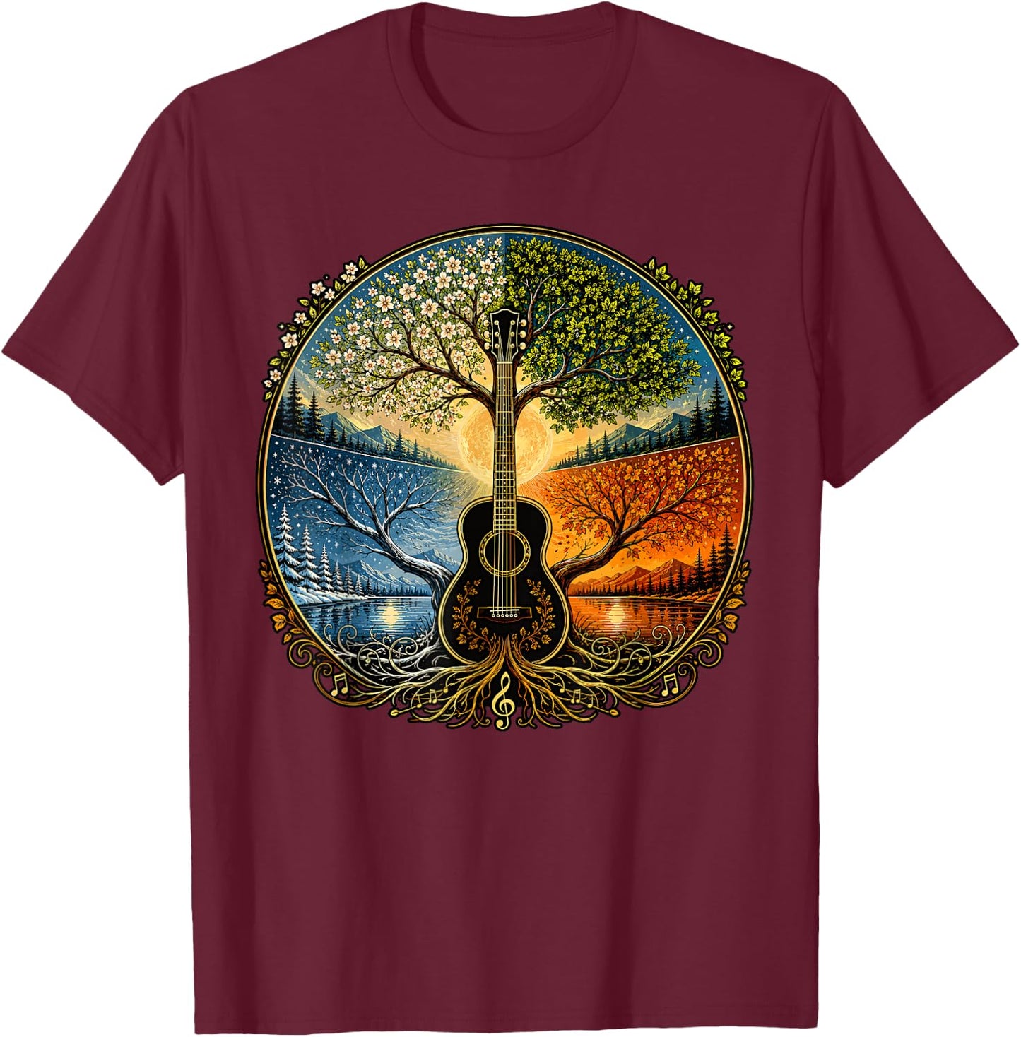 Acoustic Guitar by the Lake Seasons Nature Music T-Shirt - T-Shirt | Maroon
