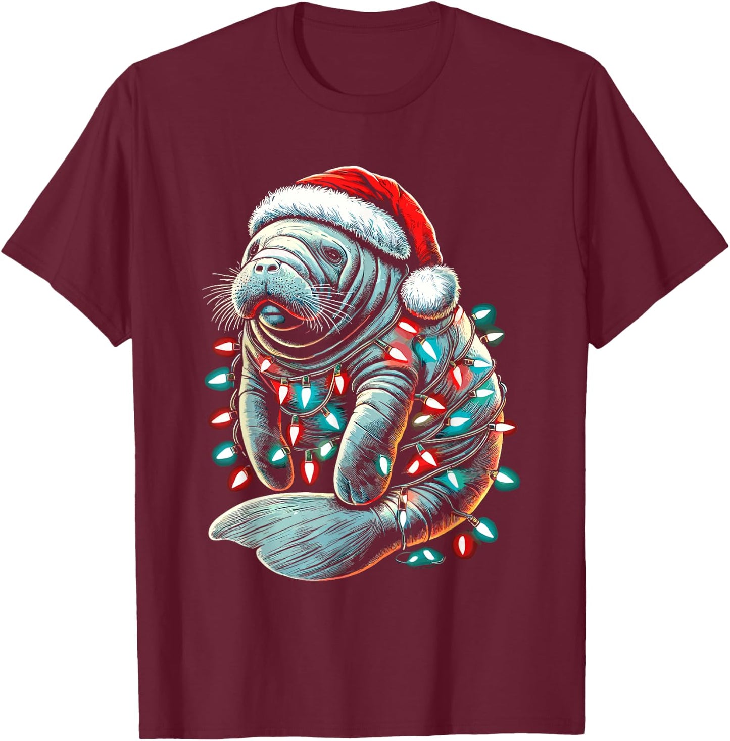 Manatee Santa Hat Christmas Lights Pajama Funny Xmas T-Shirt - T-Shirt | Maroon