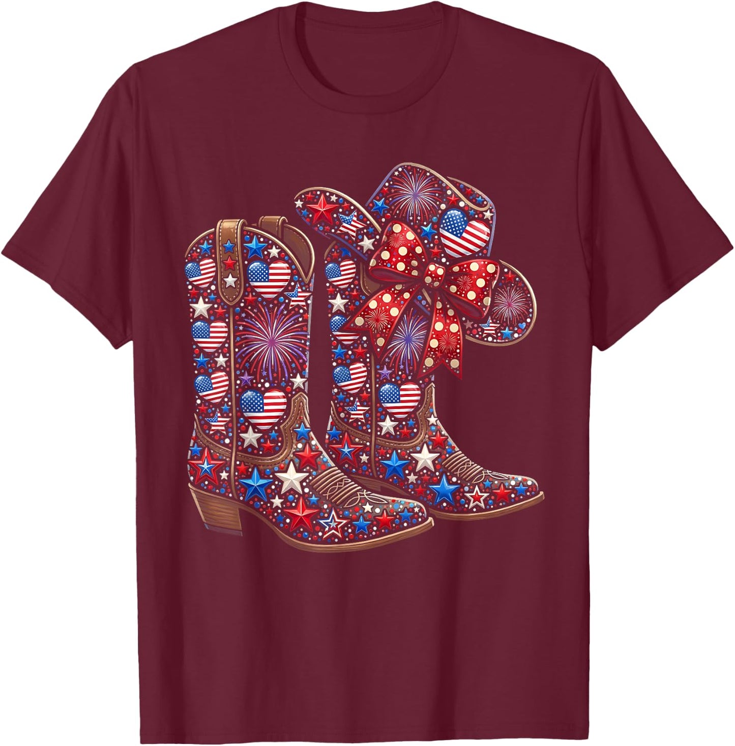 Retro Western Cowboy Boots Cowgirl American Flag 4th of July T-Shirt - T-Shirt | Maroon