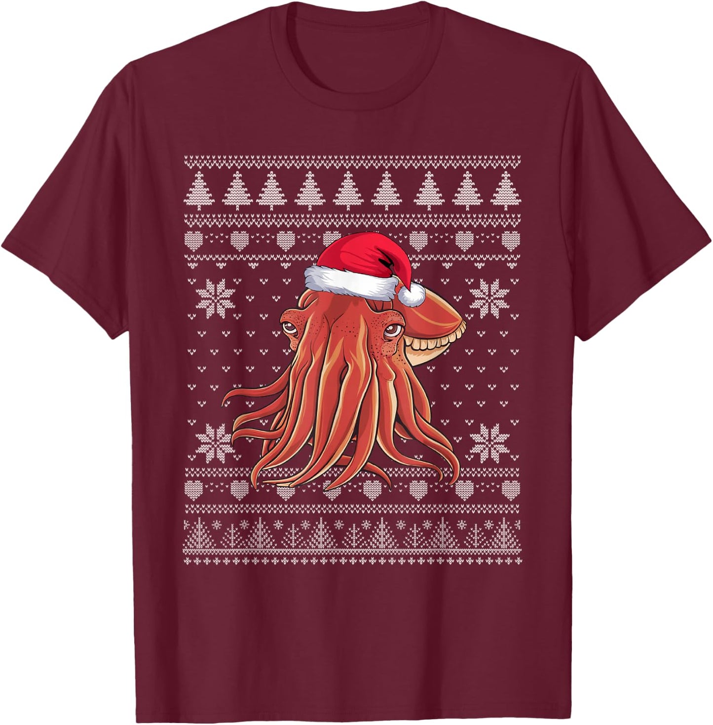 Funny Cuttlefish Ugly Christmas Sweater Santa Xmas PJs T-Shirt - T-Shirt | Maroon