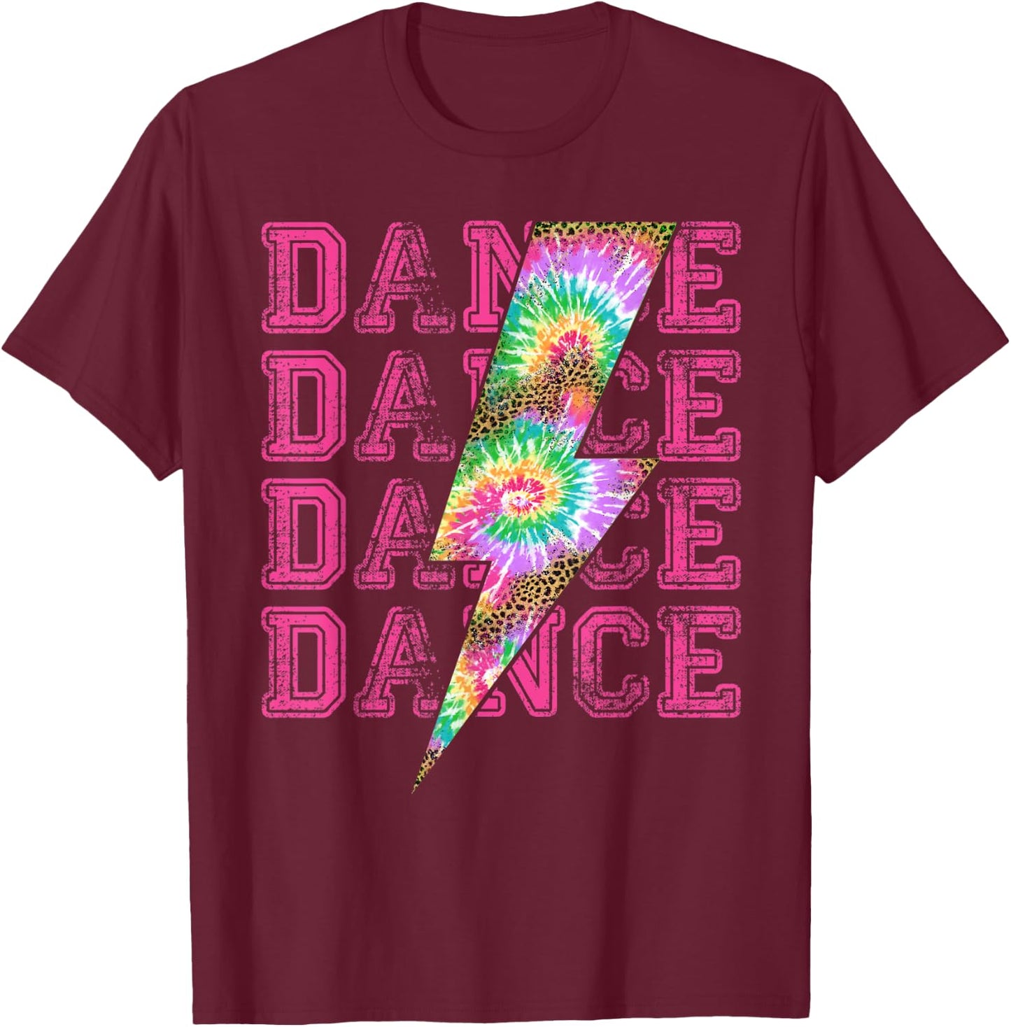 Dance Lightning Bolt Tie Dye Leopard Stacked Dancer T-Shirt - T-Shirt | Maroon