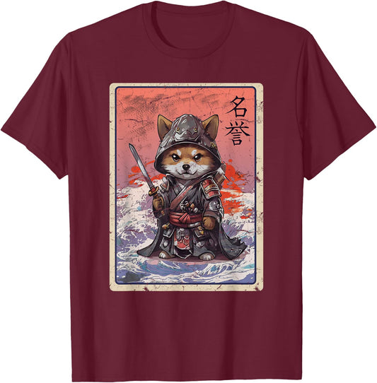 Samurai Dog Graphic, Fun Japanese Art Kawaii Dog Men Women Kids T-Shirt - T-Shirt | Maroon