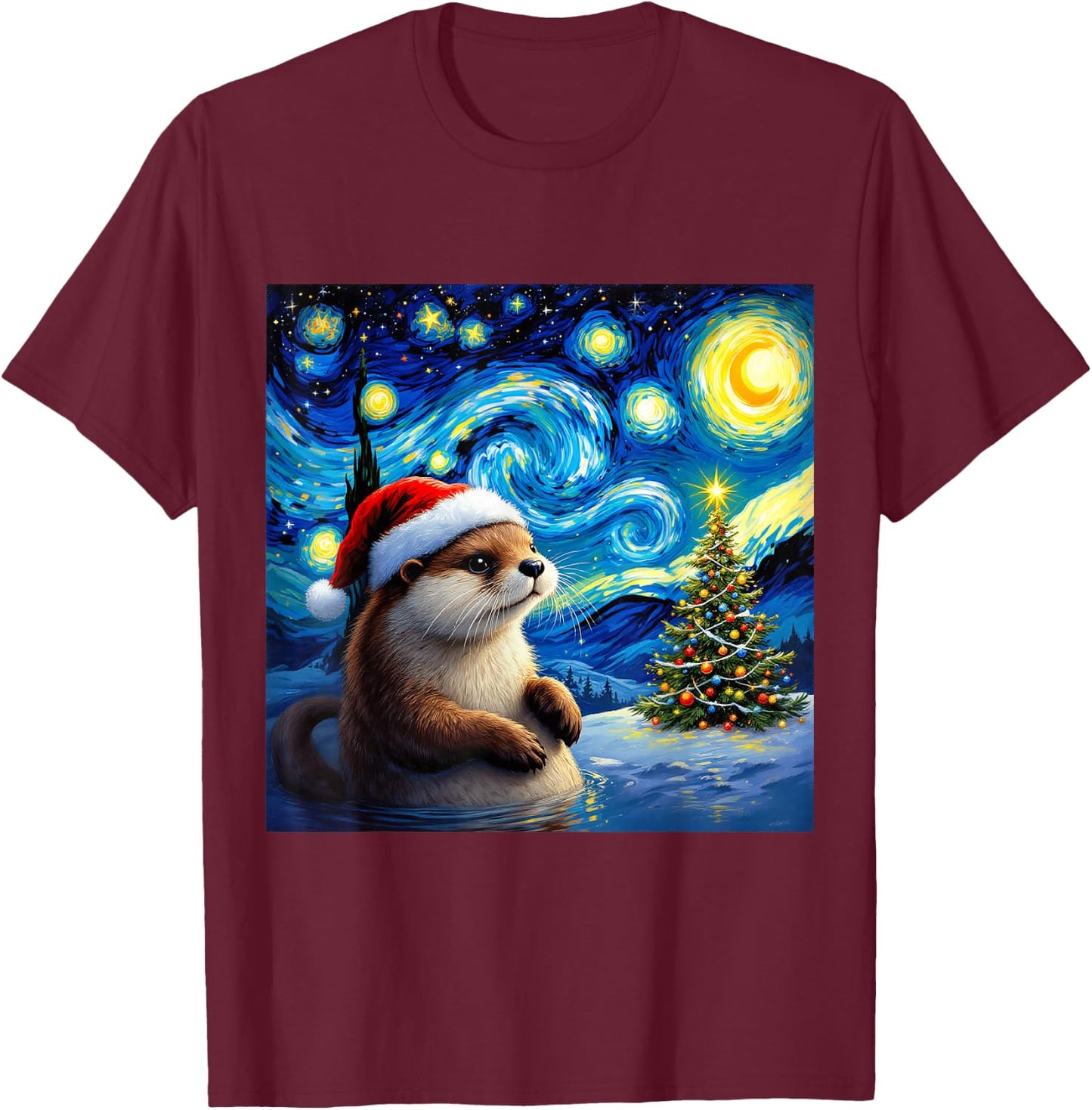 Christmas Otter Santa Hat Van Gogh Starry Night Holiday T-Shirt - T-Shirt | Maroon