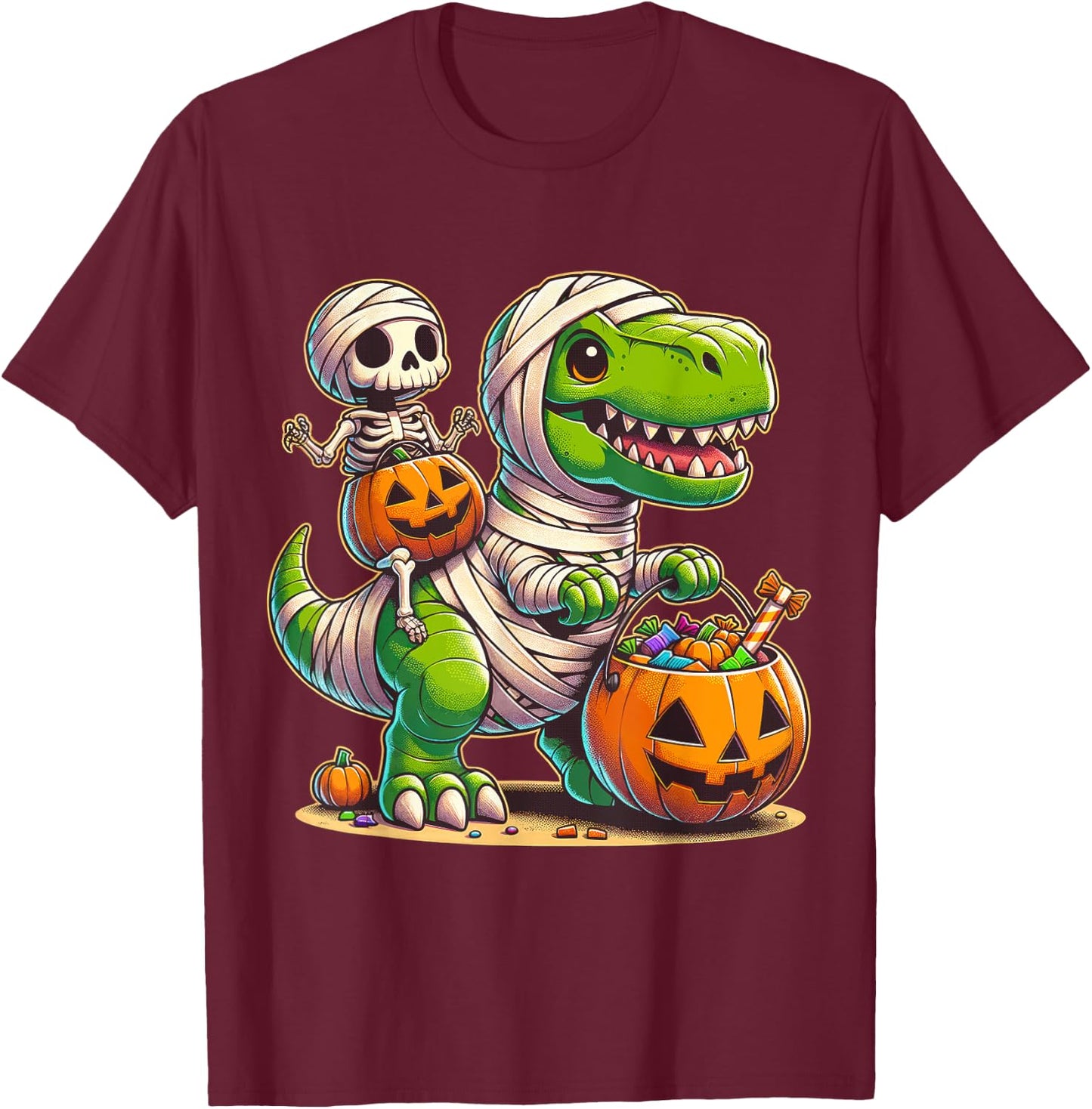 Halloween Funny T Rex Dinosaur Mummy Boys Trick Treat T-Shirt - T-Shirt | Maroon