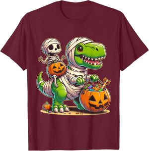 Halloween Funny T Rex Dinosaur Mummy Boys Trick Treat T-Shirt - T-Shirt | Maroon