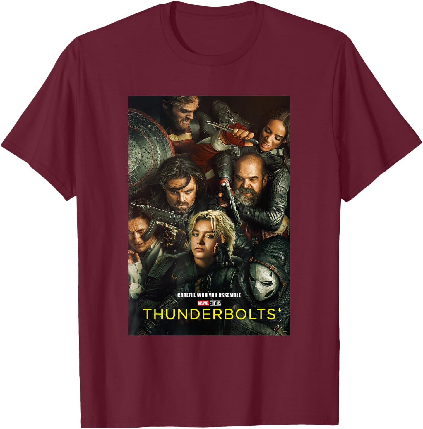 Marvel Thunderbolts Careful Who You Assemble Team Poster T-Shirt - T-Shirt | Maroon