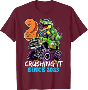 2nd Birthday Monster Truck Dinosaur Party Boys Rawr I'm 2 T-Shirt - T-Shirt | Maroon