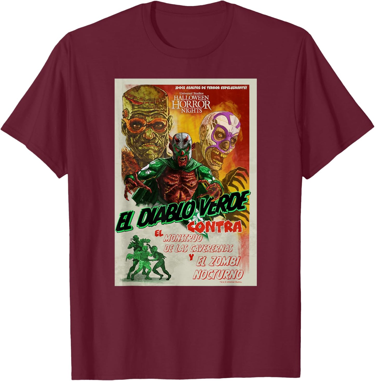 Universal Halloween Horror Nights Lucha Libre Diablo Verde T-Shirt - T-Shirt | Maroon