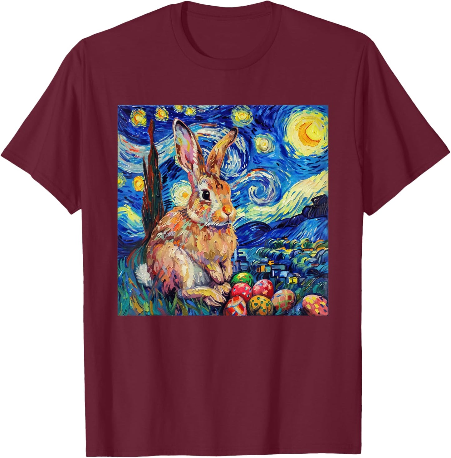 Easter Bunny Happy Easter Eggs Van Gogh Starry Night T-Shirt - T-Shirt | Maroon