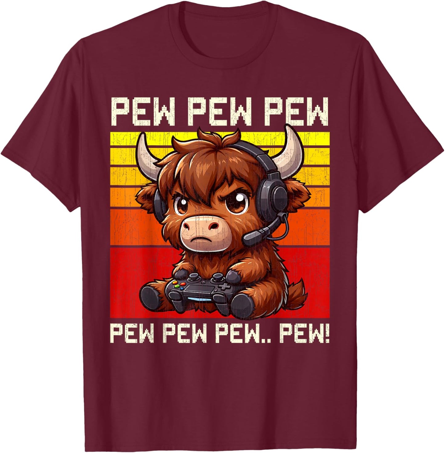 Highland Cow Gamer Pew Funny Video Games Vintage Boys Men T-Shirt - T-Shirt | Maroon