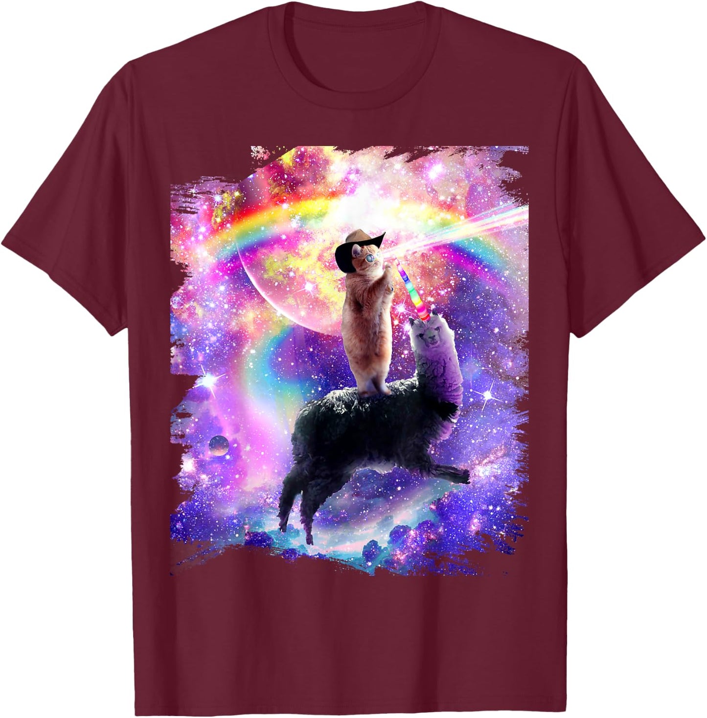 Laser Space Cat On Rainbow Galaxy Llama Unicorn T-Shirt - T-Shirt | Maroon