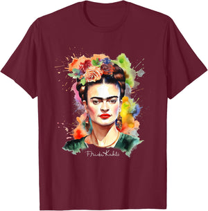 Frida Kahlo - Damen Schwarz V-Ausschnitt Kurzarm Small EU 16.5 T-Shirt - T-Shirt | Maroon