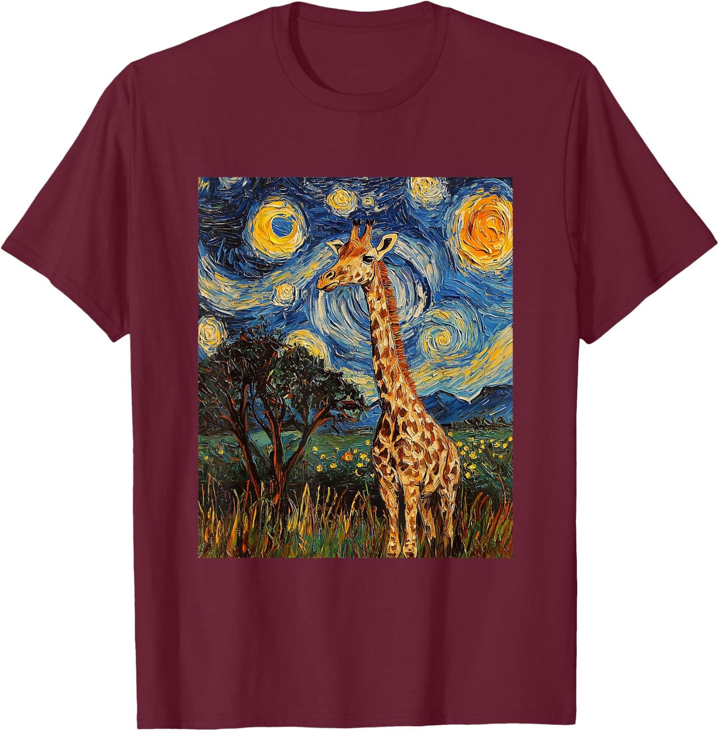 Giraffe Africa Van Gogh Style Starry Night Cute Graphic T-Shirt - T-Shirt | Maroon