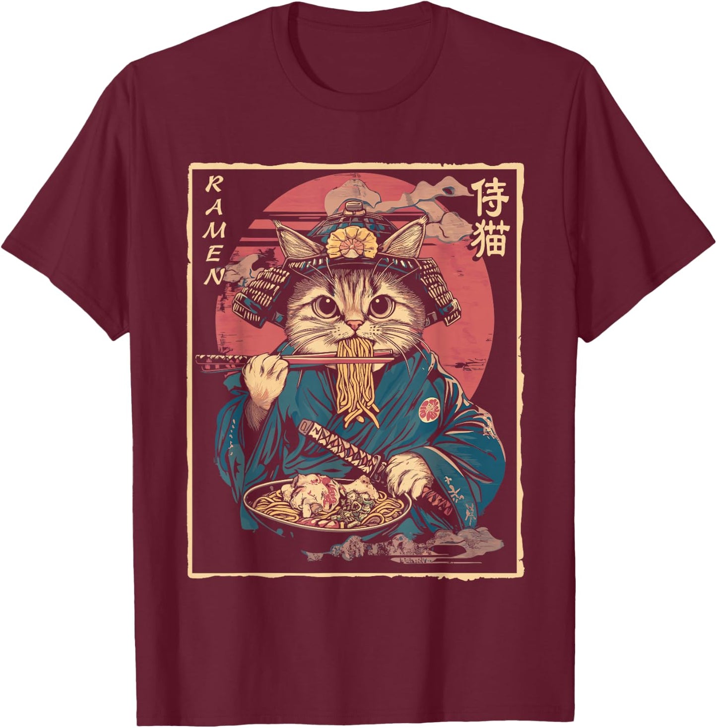 Japanese Samurai Ninja Cat Eating Ramen T-Shirt - T-Shirt | Maroon