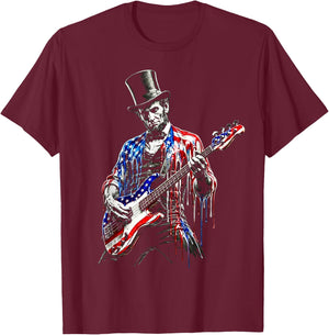 abe Lincoln Playing Guitar USA Flag 4th July Lincoln Guitar T-Shirt - T-Shirt | Maroon