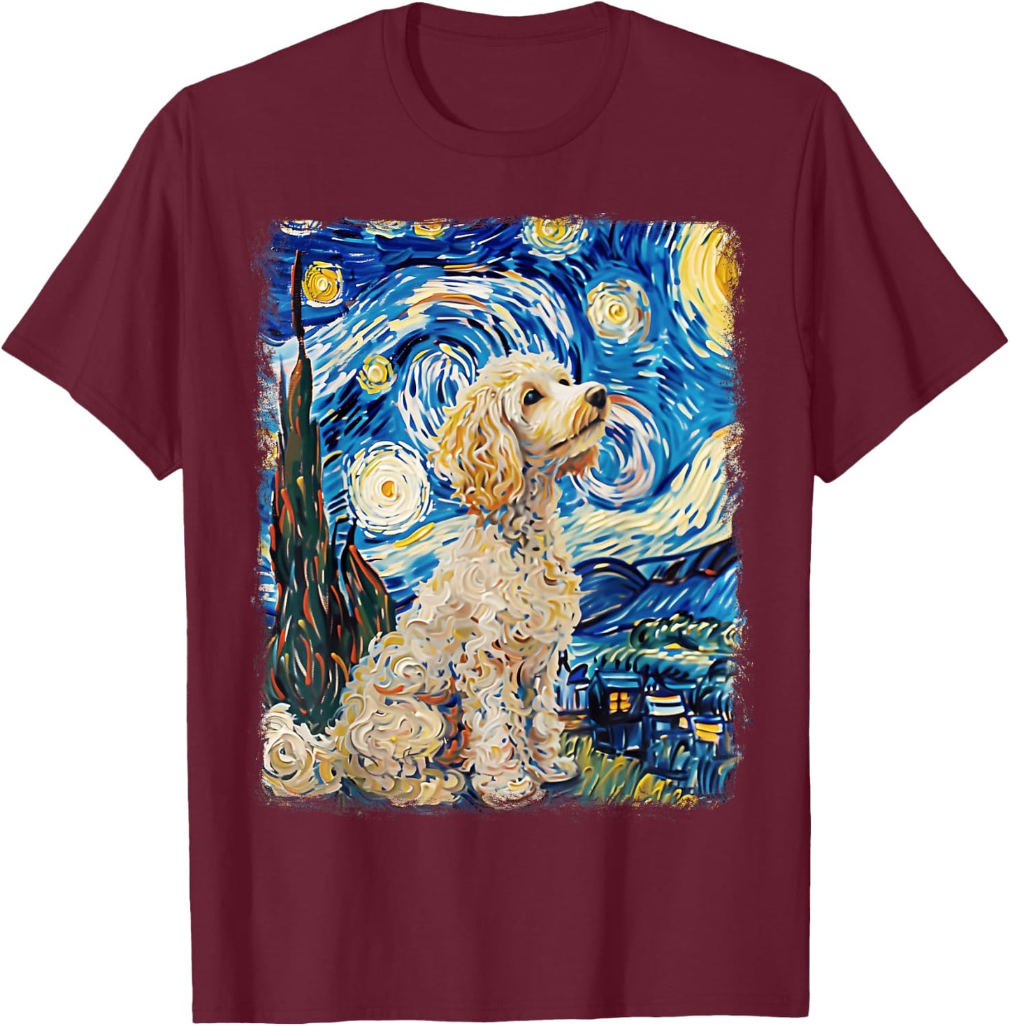 Poodle Dog Starry Night Painting T-Shirt - T-Shirt | Maroon
