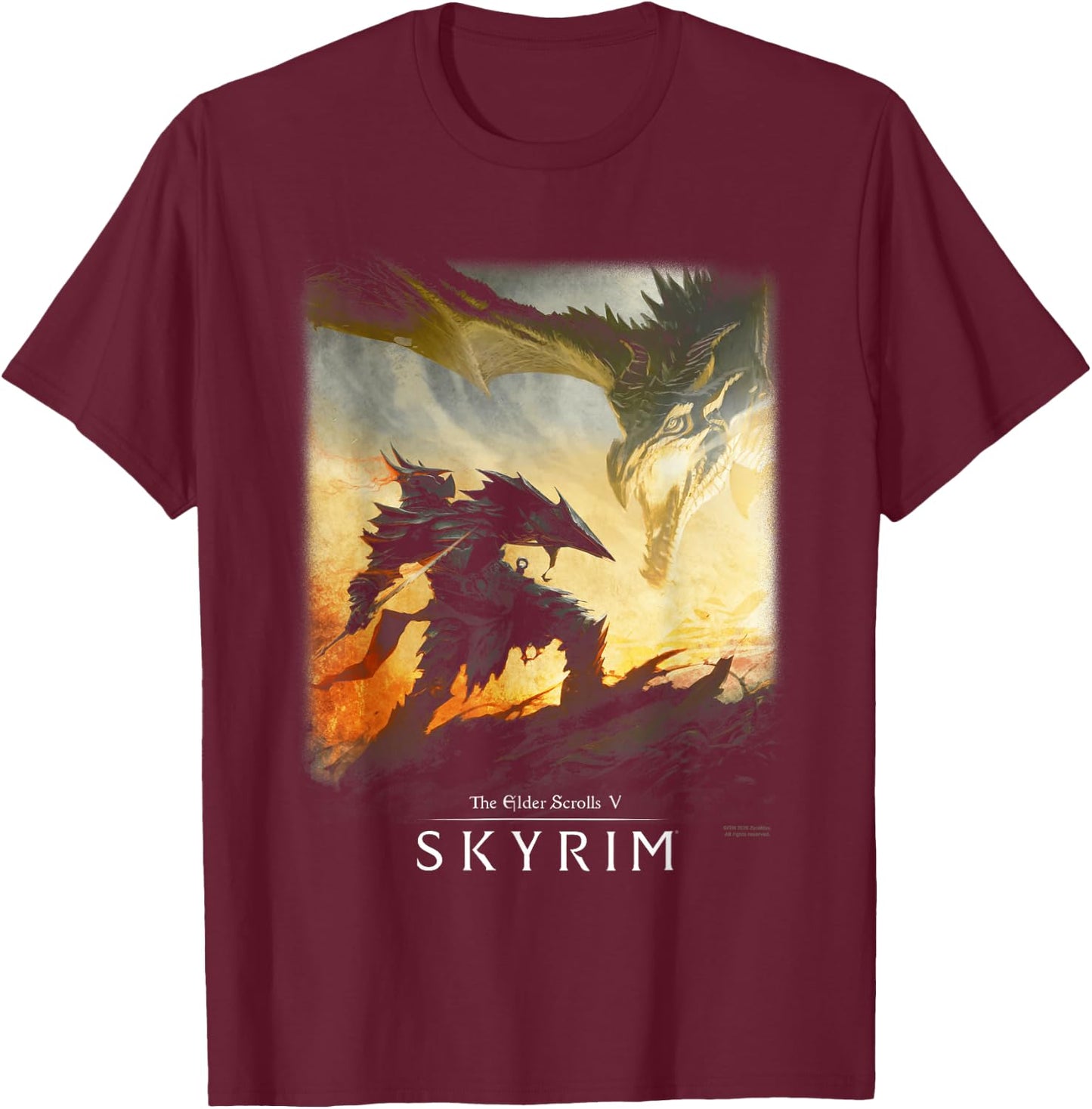 Skyrim Dragon Showdown with Daedric Armor RPG Video Game T-Shirt - T-Shirt | Maroon