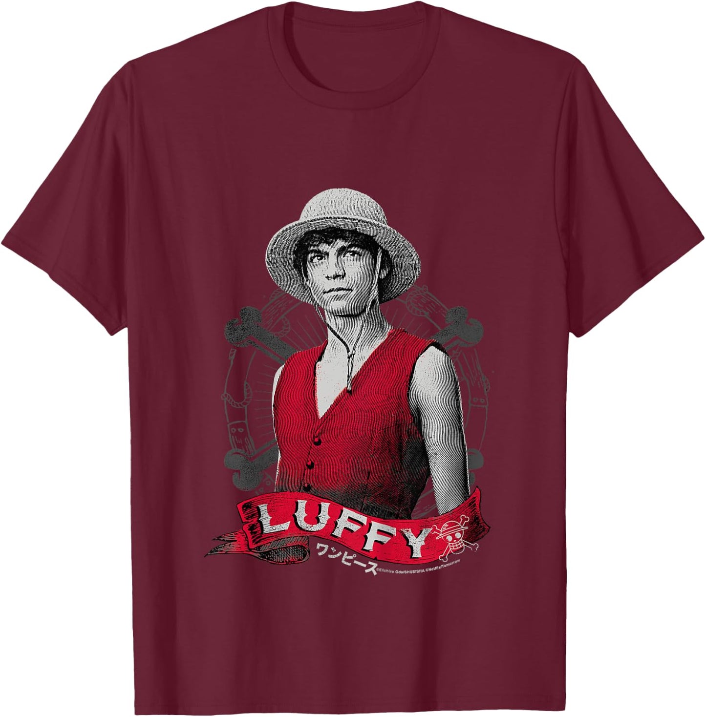 Kids One Piece Monkey D Luffy Live Action Pirate Straw Hat for Kids , Black, 2 T-Shirt - T-Shirt | Maroon