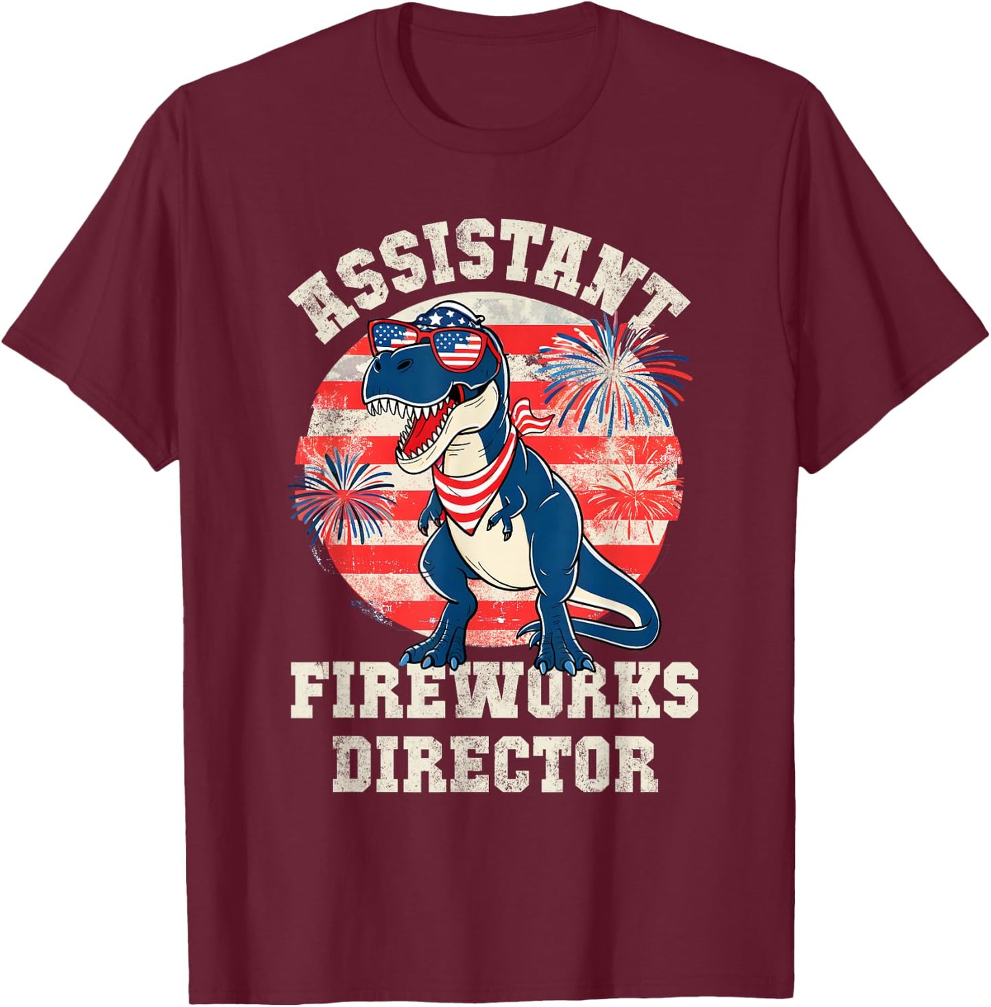 Kids T-Rex ASSISTANT FIREWORKS DIRECTOR 4th July Red White T-Shirt - T-Shirt | Maroon