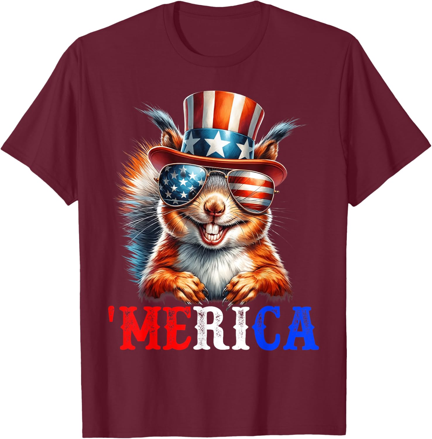 Merica Squirrel Patriotic 4th of July Funny Kids Men Women T-Shirt - T-Shirt | Maroon