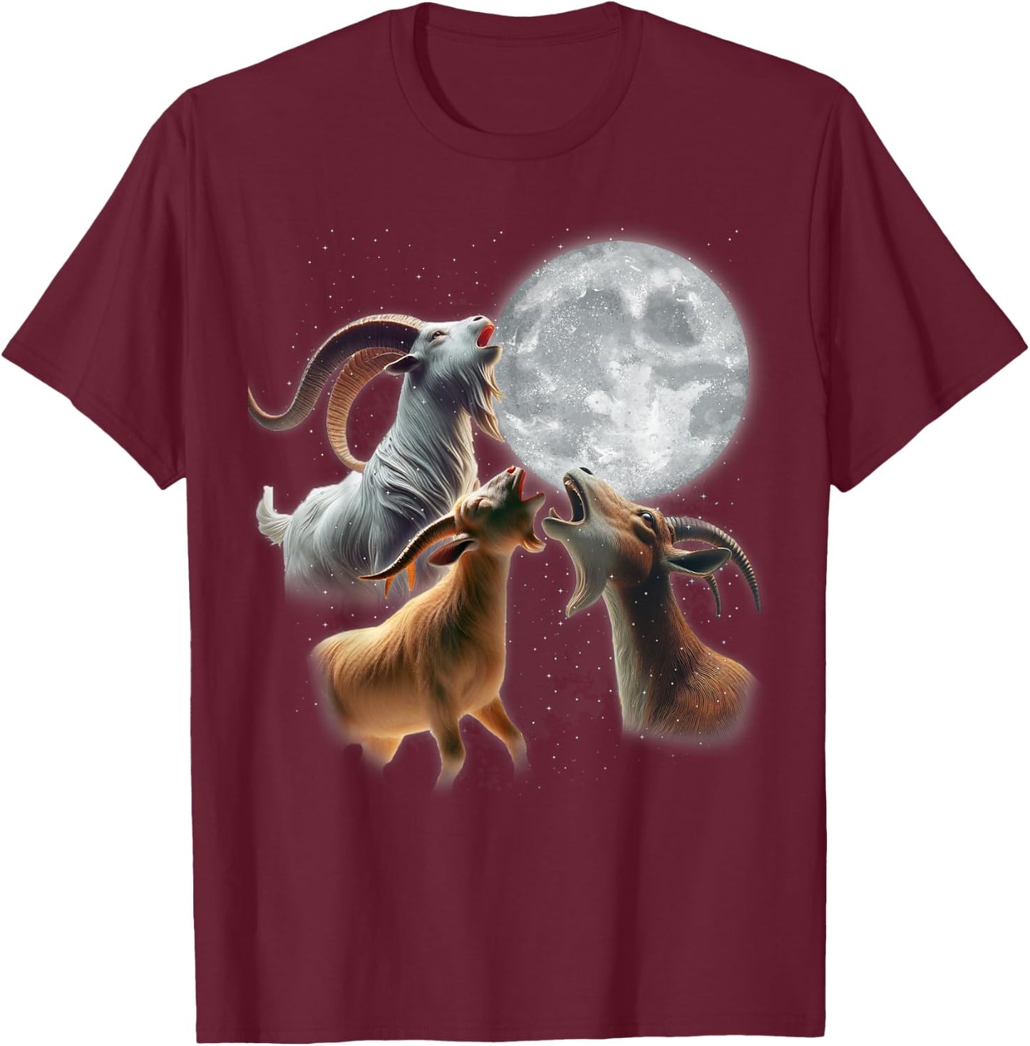 3 Goats Howling At The Moon Funny Goat Farm Animal Farmer T-Shirt - T-Shirt | Maroon