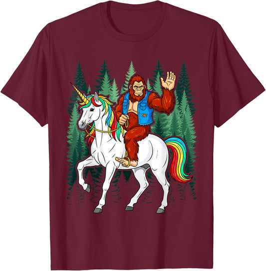 Bigfoot Riding a Unicorn Men Women Kids Sasquatch T-Shirt - T-Shirt | Maroon