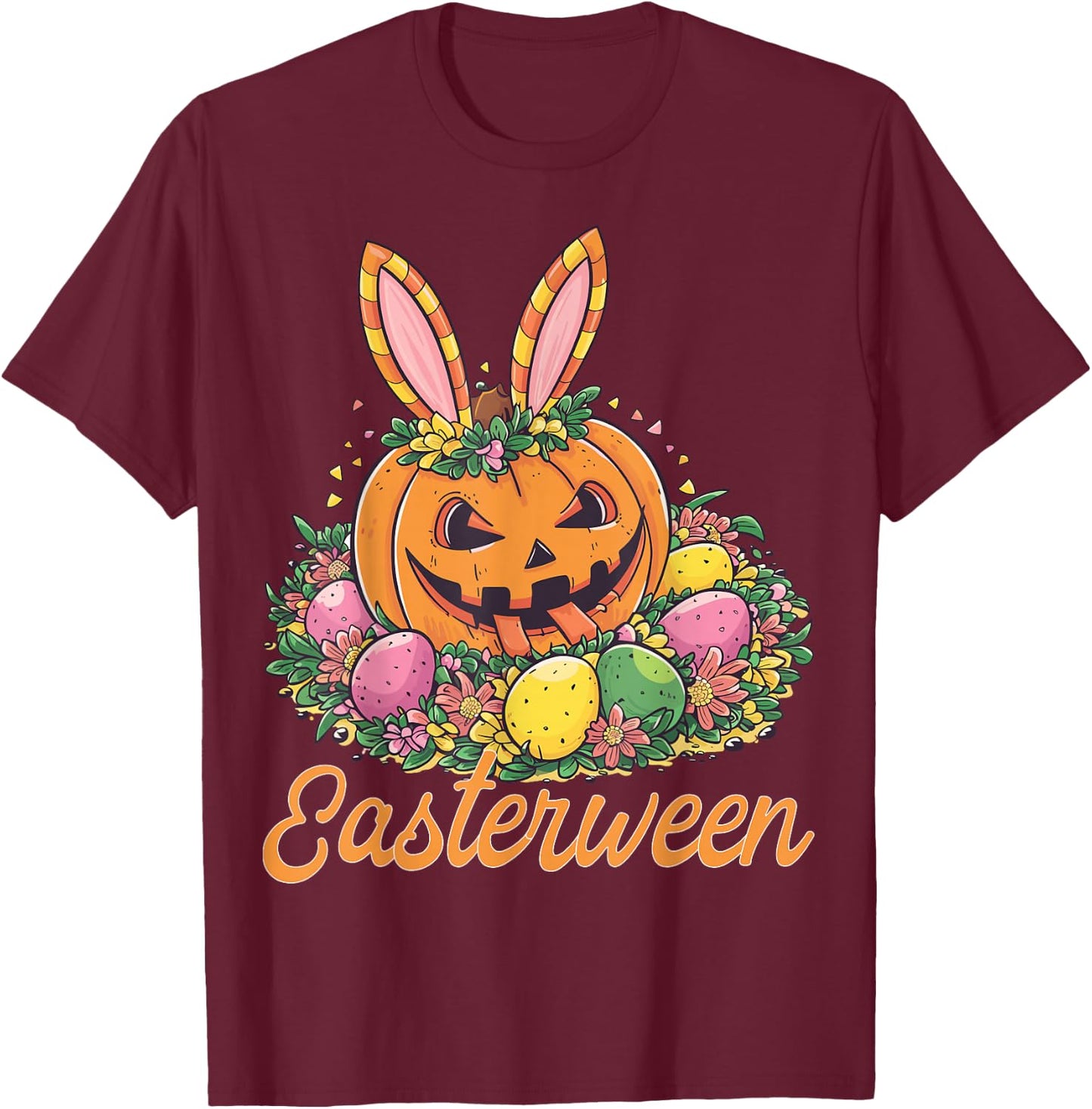 Easterween Pumpkin Bunnies & Spooky Eggs Festive T-Shirt - T-Shirt | Maroon