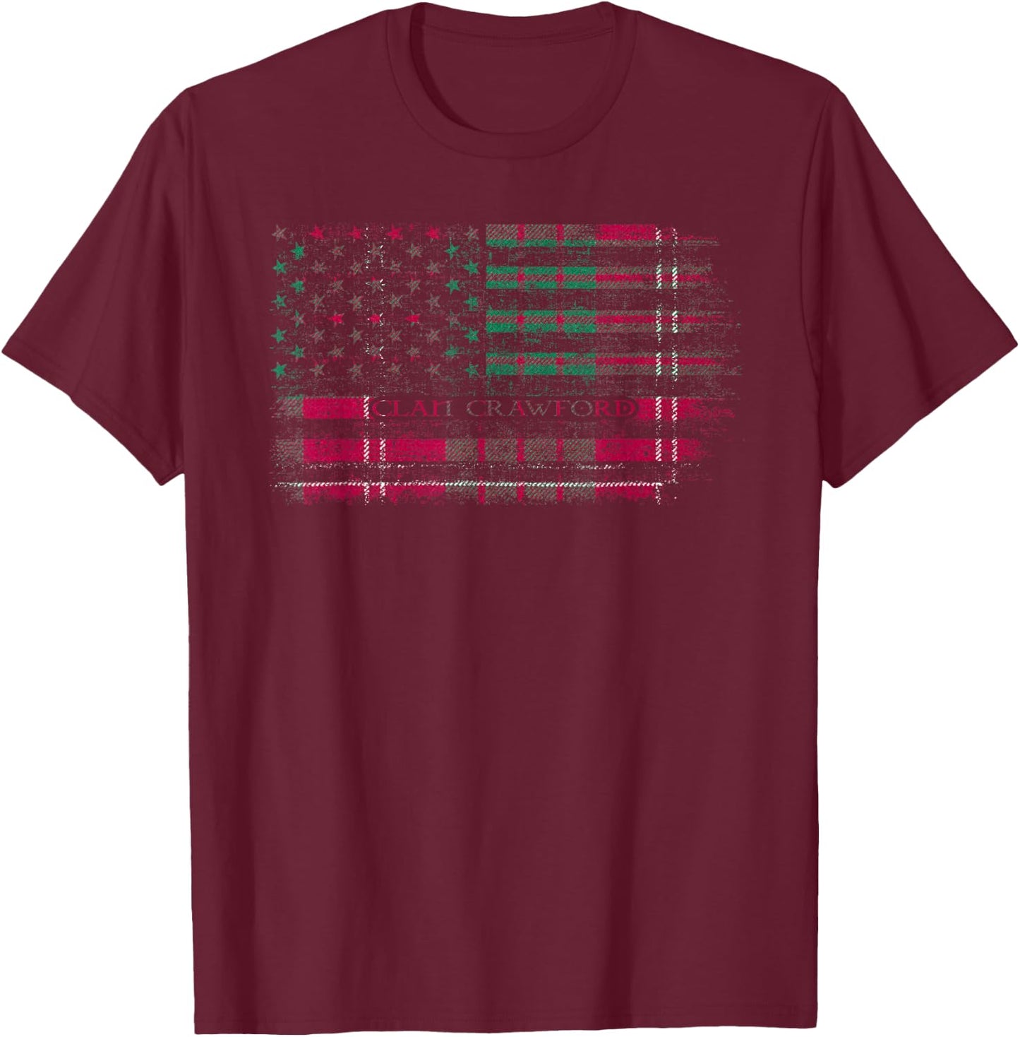 Clan Crawford Scottish tartan US flag kilt Scotland T-Shirt - T-Shirt | Maroon