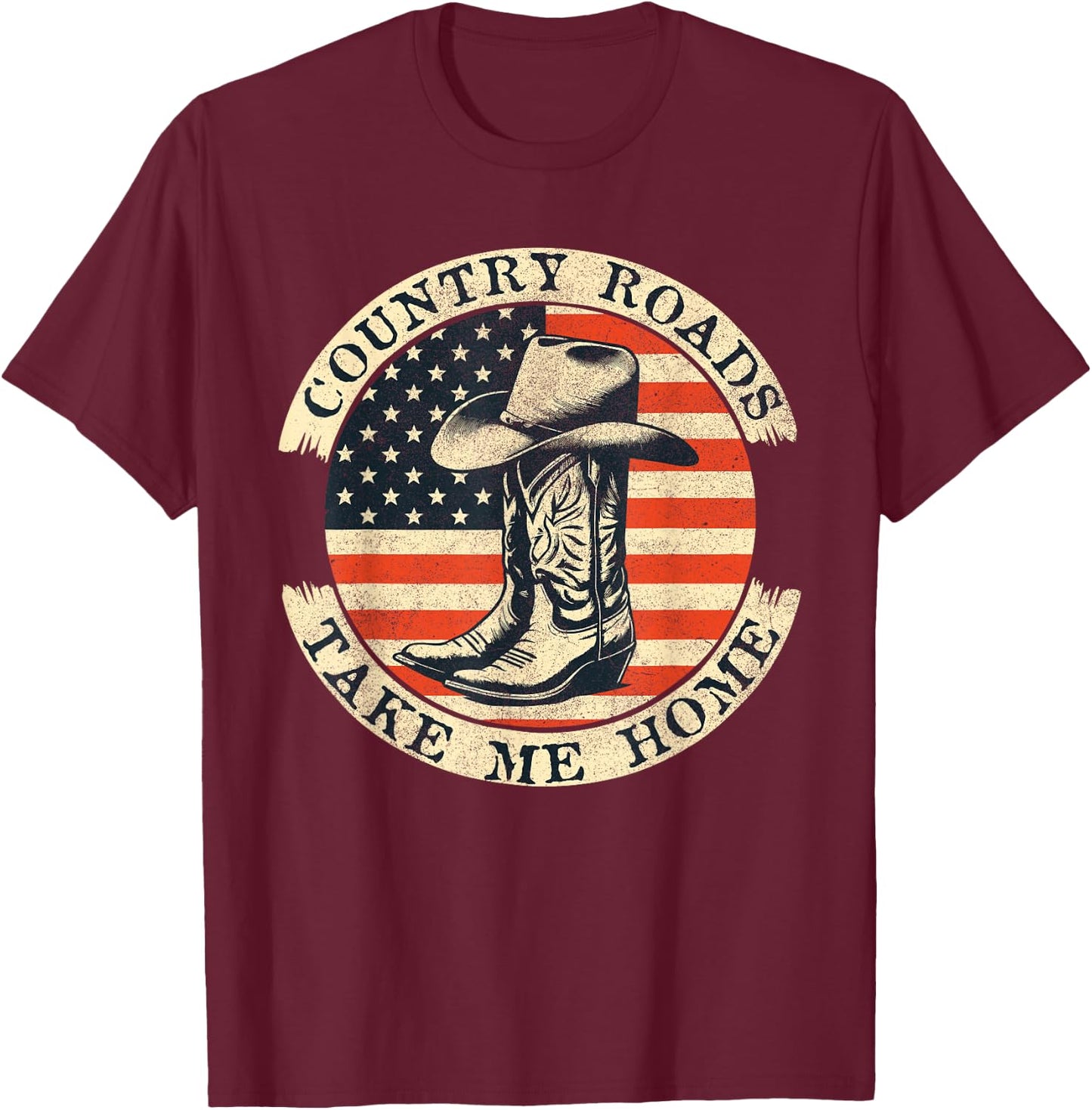 Country Roads Take Me Home Cowboy Western Virginia Retro T-Shirt - T-Shirt | Maroon